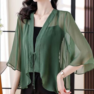 Tenká priedušná šifónová košeľa so sedemštvrťovým rukávom pre dámsky letný nový outfit, Šalový kardigánový kabátik, Módny top na ochranu pred slnkom