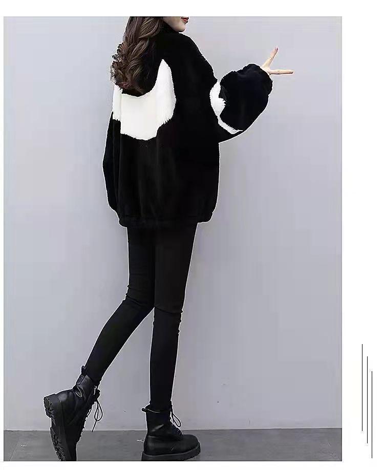 Women's Plush Korean-Style Loose Coat: Spliced, Thickened, for Autumn & Winter Fashion 2023