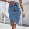Women's Fashionable High-Waisted Mid-Length, Hip-Hugging, Slit Denim Half-Length