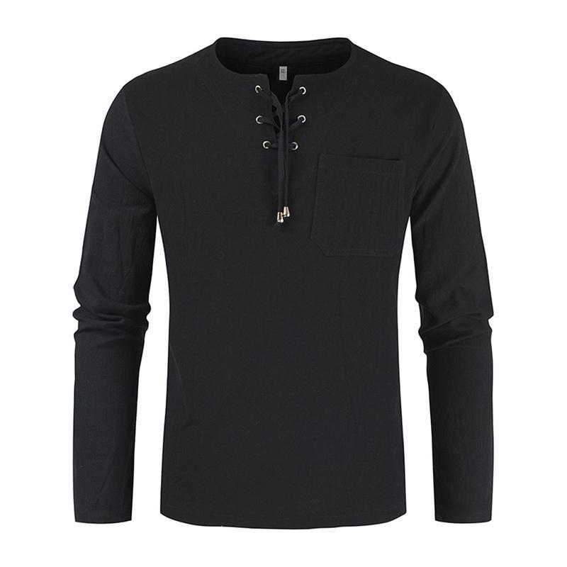 Mens Long Sleeve Cotton Linen Blouse Loose Henley V-Neck Tops T Shirts Blouse
