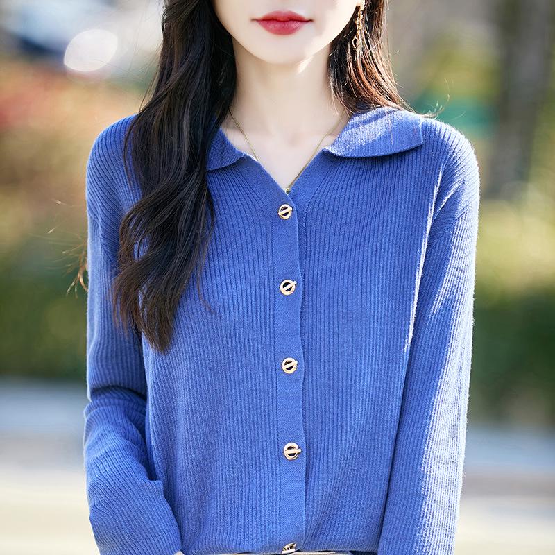Solid Color Women's Polo Collar Knit Cardigan - Chic Fashionable Outerwear for Spring/Summer/Autumn 2026.