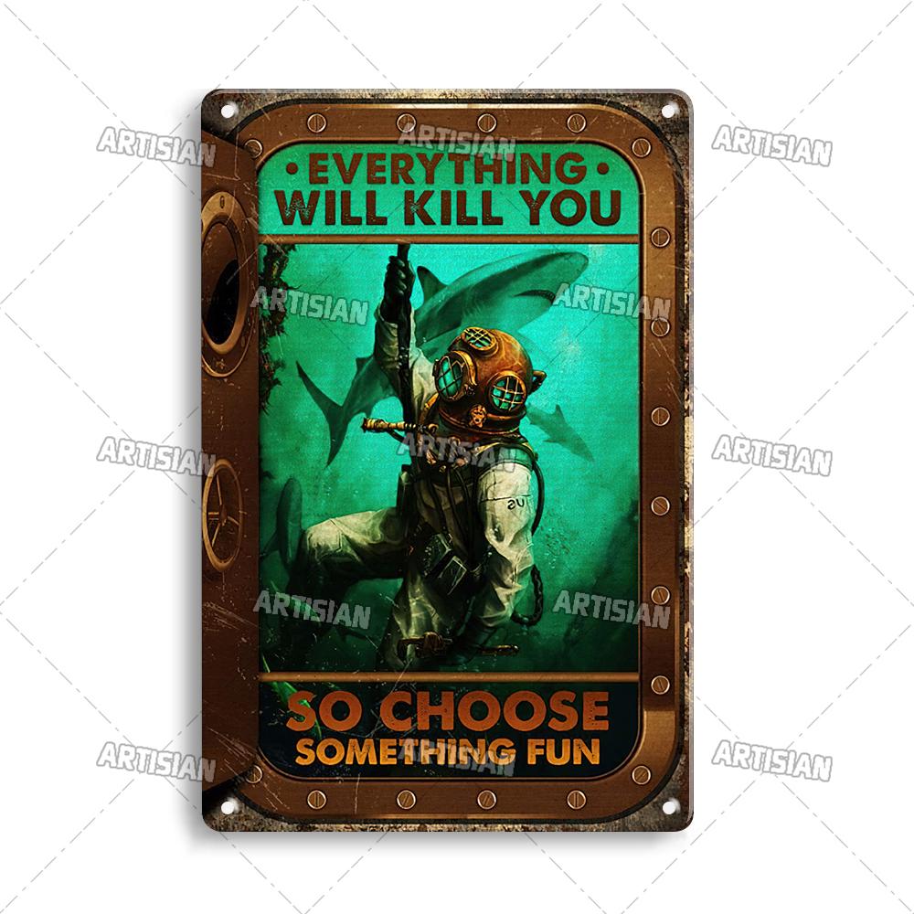 Artisian Swimming Metal Poster Diving Tin Sign Sport Decorative Plaque Ocean Wall Decor Garage Bar Pub Club Hotel Cafe Kitchen