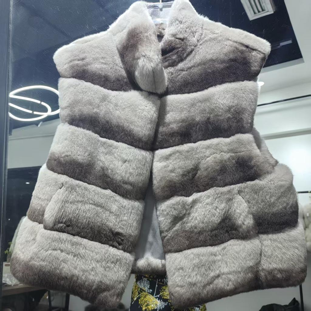Autumn and winter new imported whole leather chinchilla pattern Rex rabbit hair short stand-up collar vest fur jacket women