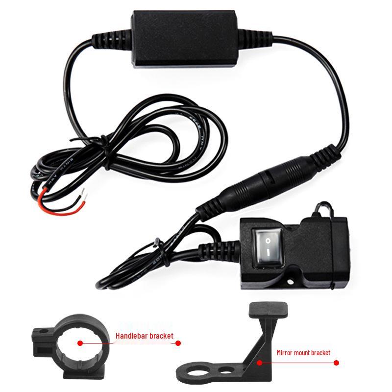 Slim Waist Dual-Port 12V USB Charger with Rearview Mirror & Handlebar Mount for Motorcycles