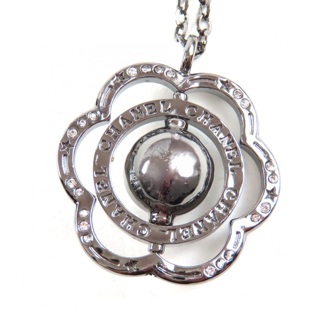 Great CHANEL Necklace Camellia COCO Mark Faux Pearl and Rhinestone Black B24K Used