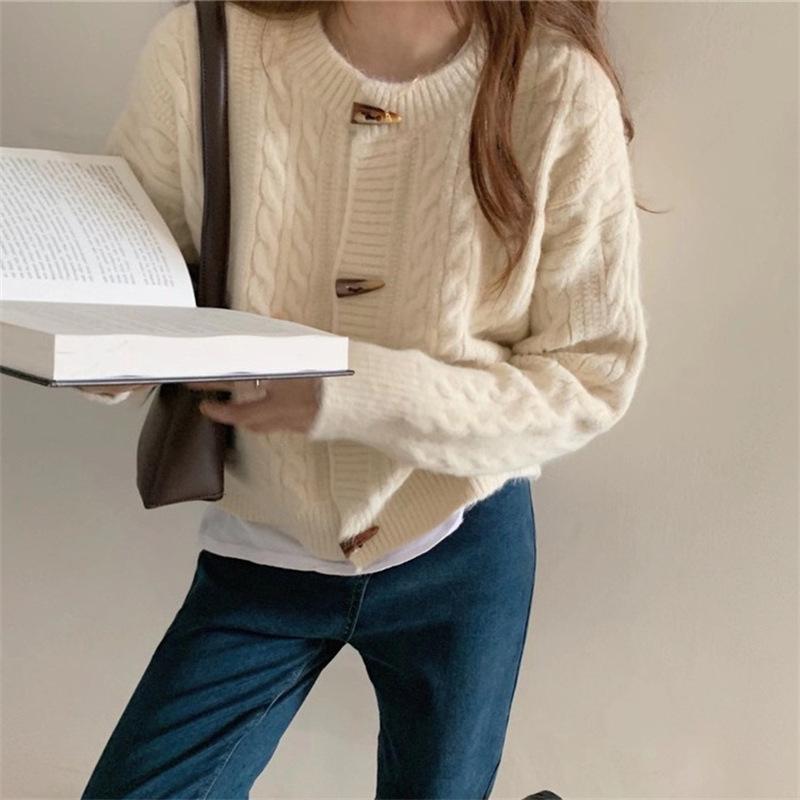 Retro Solid Color Horn Button Sweater Jacket Autumn and Winter New Casual Lazy Wind Soft Waxy Gentle Sweater Twist
