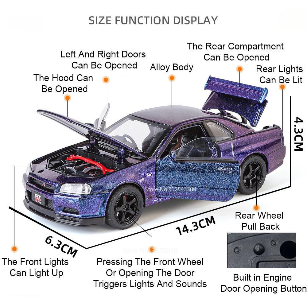 1:32 Scale SKYLINE GTR R34 Sports Car Model Toy Metal Diecast Pull Back Light Music 4 Doors Opened Vehicles Ornaments Gifts
