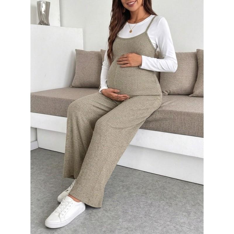 Maternity Jumpsuit With Adjustable Straps Loose Knit Wide-Leg Pants Comfortable Casual Pregnancy Wear