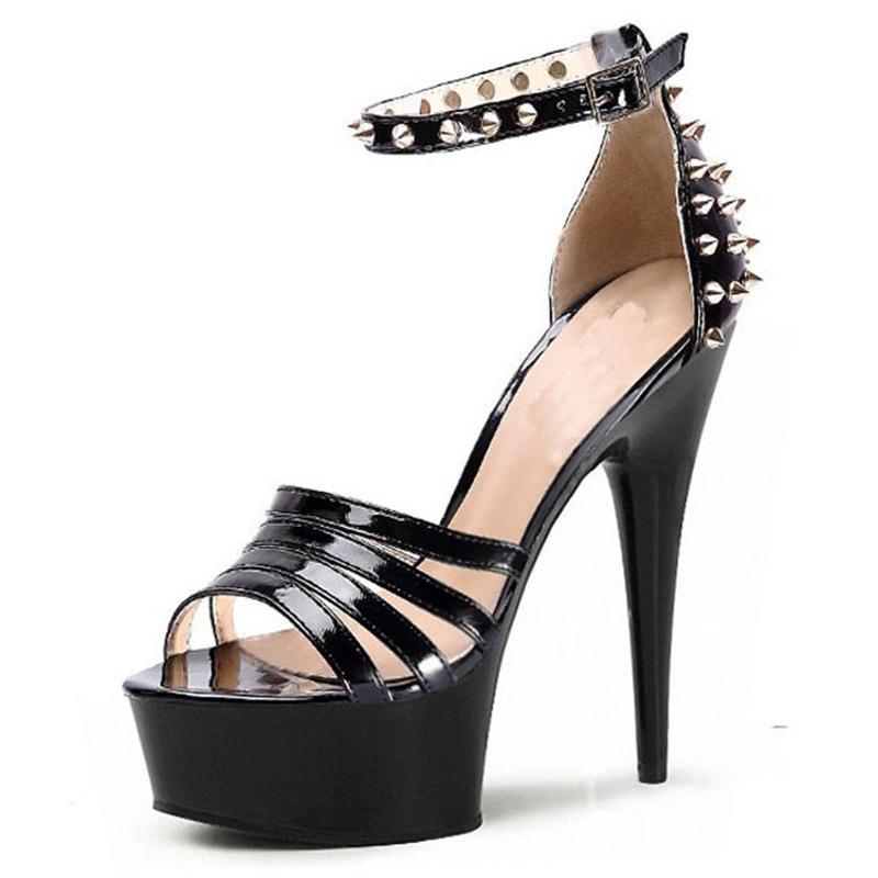 15CM high-heeled waterproof table, thin heel open-toe buckle with women's sandals, fish mouth rivets, high heels