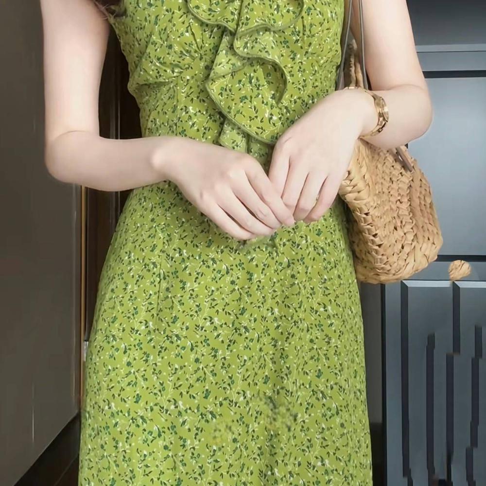 Summer new vacation green floral neck dress casual V-neck sleeveless suspender long dress female chic