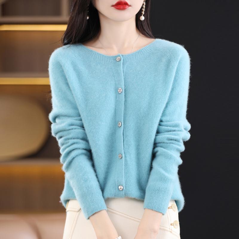 Women's Wool Knitwear: Autumn/Winter Round Neck Cardigan - Long Sleeve Solid Color Sweater Jacket