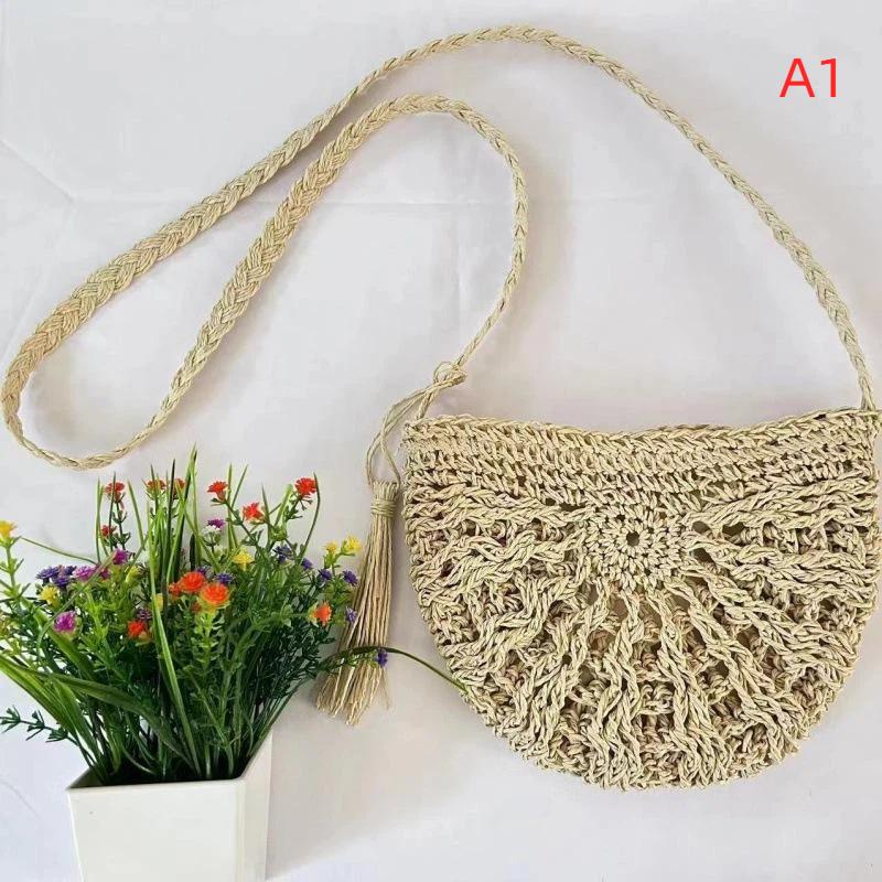 Semicircle Straw Woven Crossbody Bag Tassel Decor Stylish Shoulder Bag for Women Beach Party Daily Wear