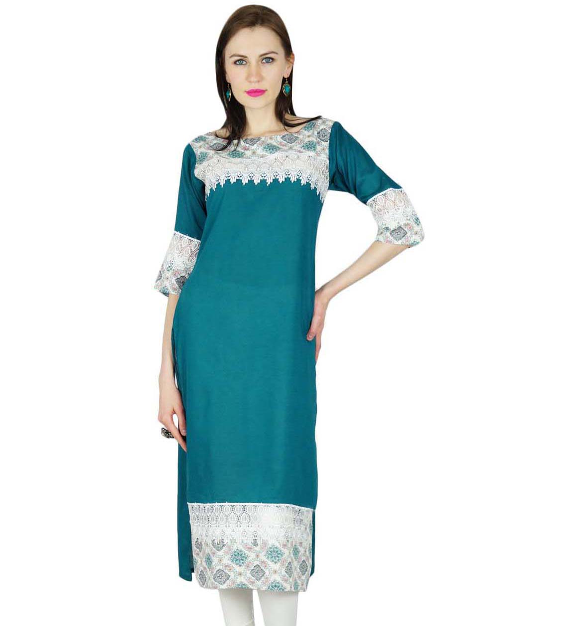 

Bimba Women Kurta Kurti 3 4 Sleeve Formal Casual Rayon custom Tunic Blouse With 30 чирок зелений колір