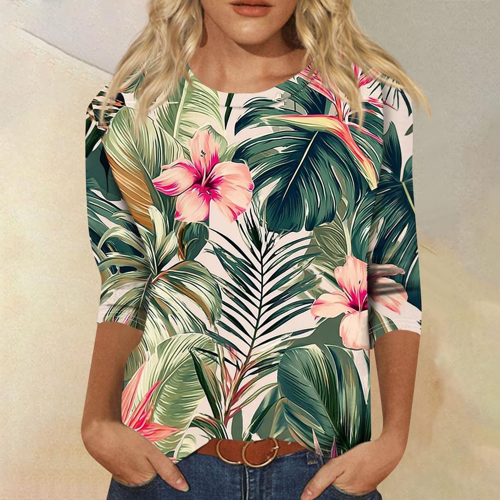 Women's Fashionable Casual Round Neck Three-Quarter Sleeve Printed T-Shirt Top