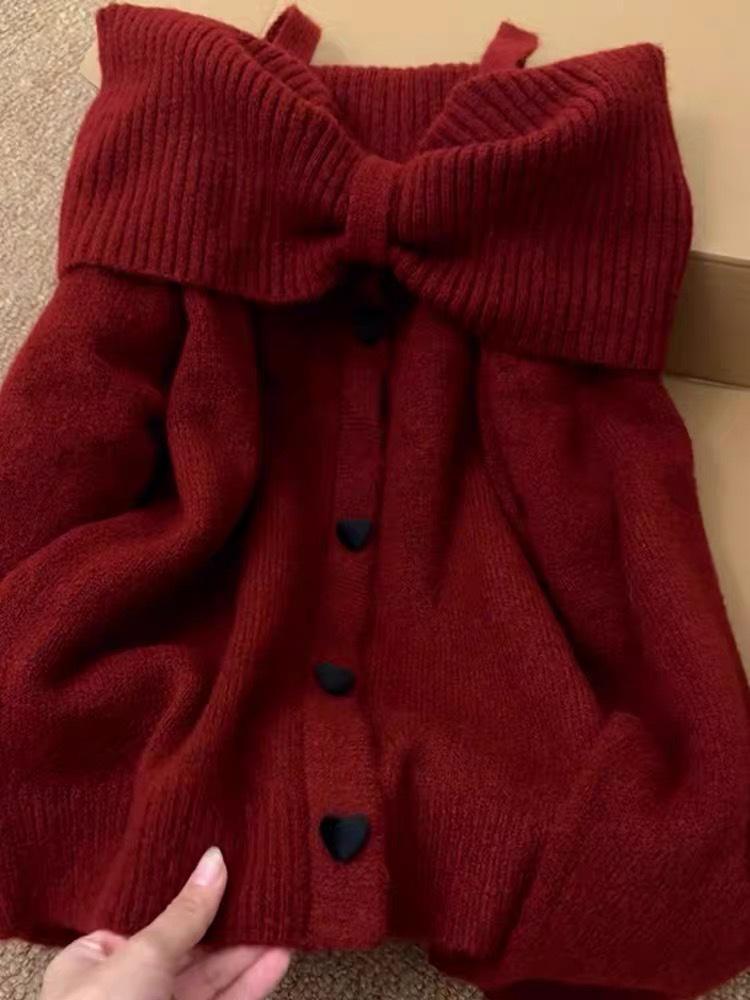 Korean Style Cashmere Bow Sweater - Women's Off-the-Shoulder Knit Top for Autumn/Winter