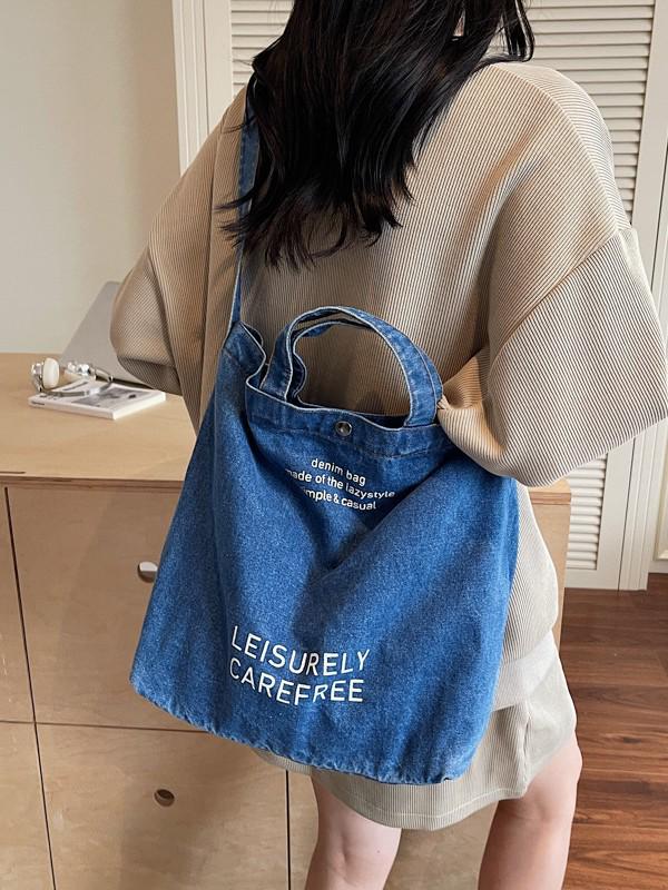 2025 Large Capacity Retro Denim Crossbody Bag with Letter Print - Korean Style for Women