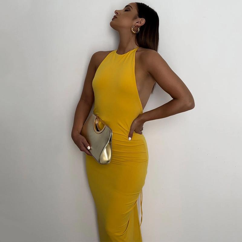 Women Summer Holiday Club Party Sleeveless Backless Elegant Ruched Halter Draped Maxi Dress