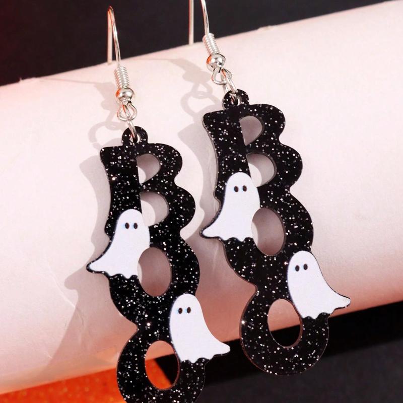 

1 пара акриловых серег-подвесок на Хэллоуин с привидениями и надписью BOO , милый и креативный дизайн, универсальные для повседневной носки, вечеринок, праздников A&one-size