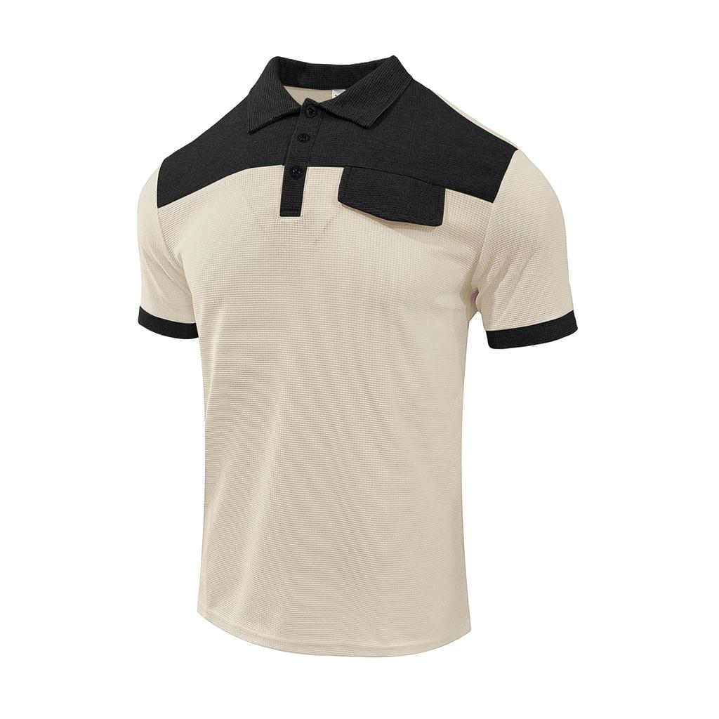 Men's Casual Waffle Top T-Shirt Color Blocked Collar Short Sleeved Top Outdoor Versatile Fashion Summer Outdoor Tees