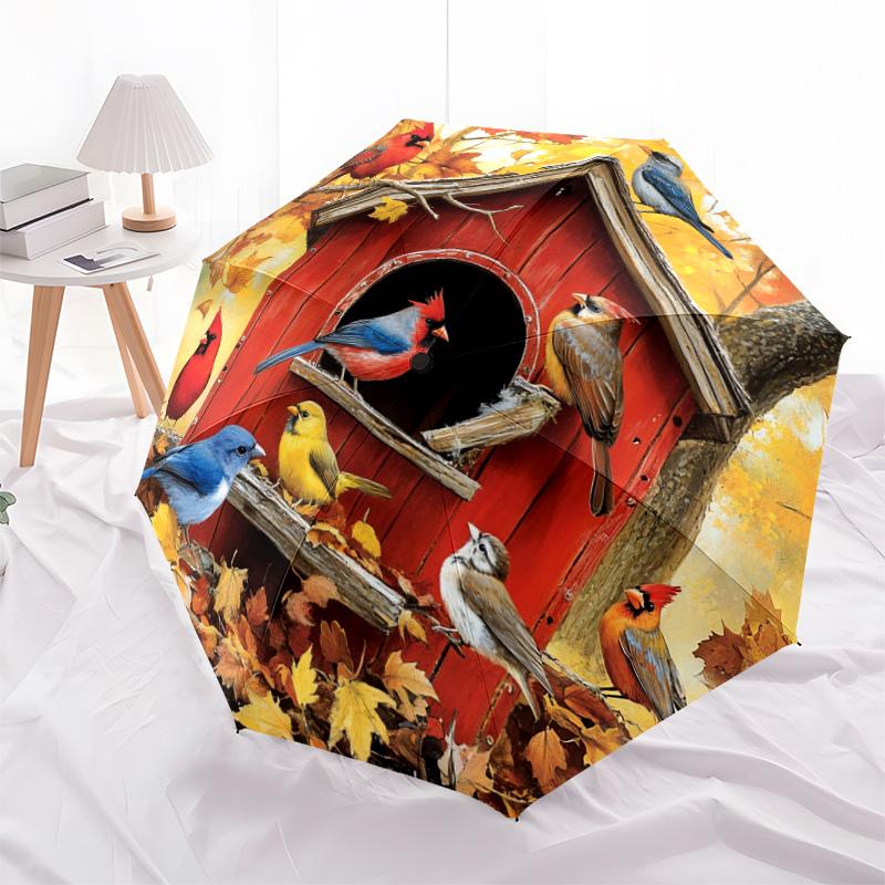 1 PC Automatic Folding Umbrella - Autumn Birdhouse Birds Pattern, Portable & Foldable Design with 8 Ribs, Christmas Birthday Gifts