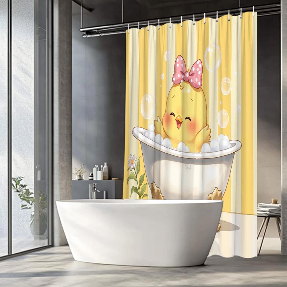 Cute Baby Chick In Bathtub Shower Curtain Waterproof Easy To Clean Privacy Protection Print Cartoon With 12 Hooks Quick Setup