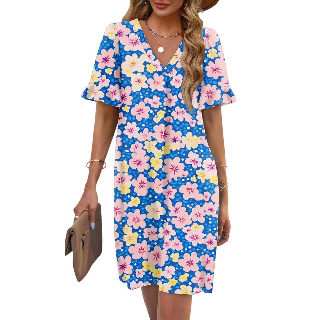 Women's Summer Floral Print Dress Pleated Short Sleeve V-Neck Pocket Casual Dress