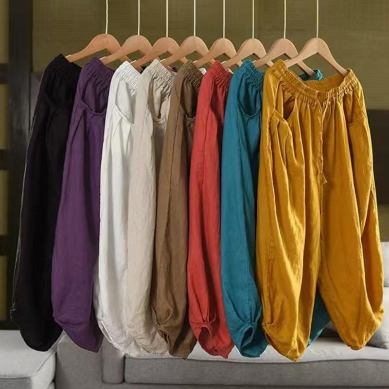 Johnature Women Harem Pants Elastic Waist Pockets Belt Trousers Summer Solid Color Loose Female Calf Length Pants