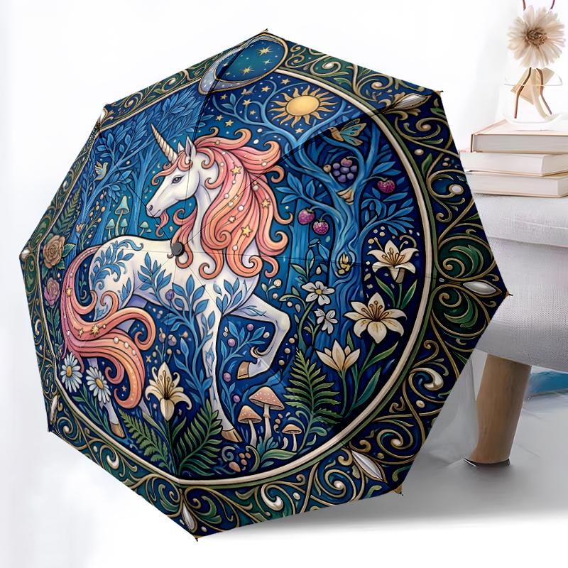 1pc Sturdy 8-Bone Auto Umbrella, Autumnal Forest Unicorn Umbrella, Digital Printed, Foldable Umbrella for On-the-Go Outdoor Use