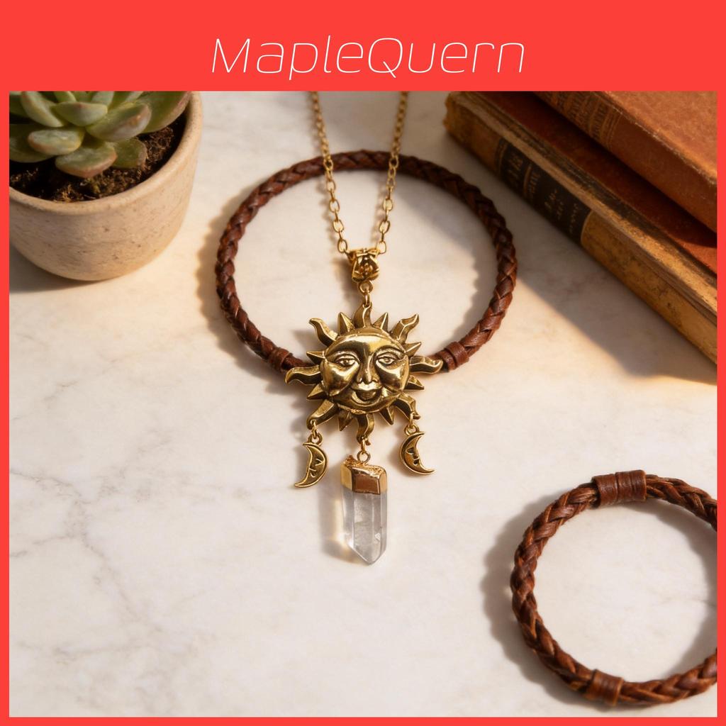 Bohemian Sun Moon Crystal Pendant Necklace For Women With Geometric Alloy Design