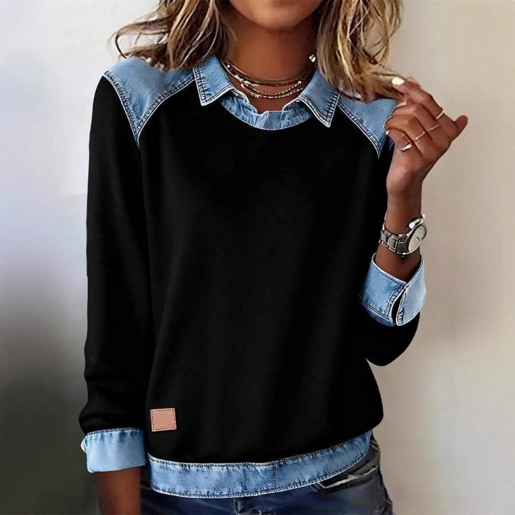 European American Women's Denim Collar Long Sleeve Pullover Spliced Knit Top, Fashion Casual Knitwear for Women