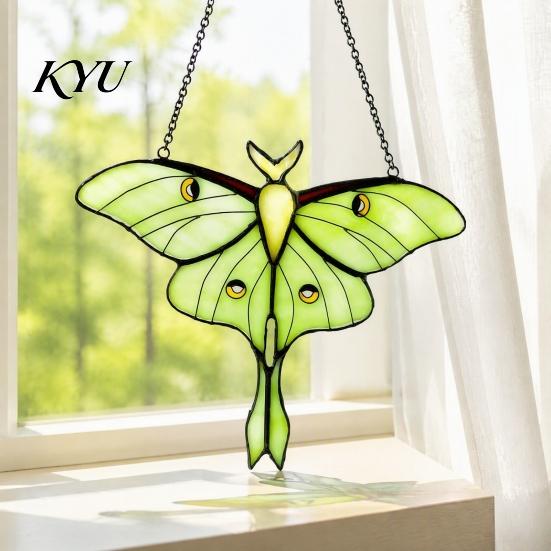 Green Insect Window Hanging Stained Glass Style Hanging, Acrylic Moth Suncatcher, Decorative Pendant with Transparent Art Metal Chain, Ornament