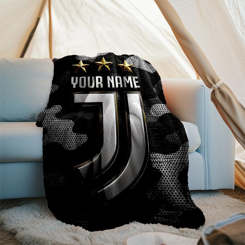 1pc Personalized Name Juventus Theme Blanket - Digital Print, Polyester, Cozy for All Seasons, Perfect for Outdoor, and Travel