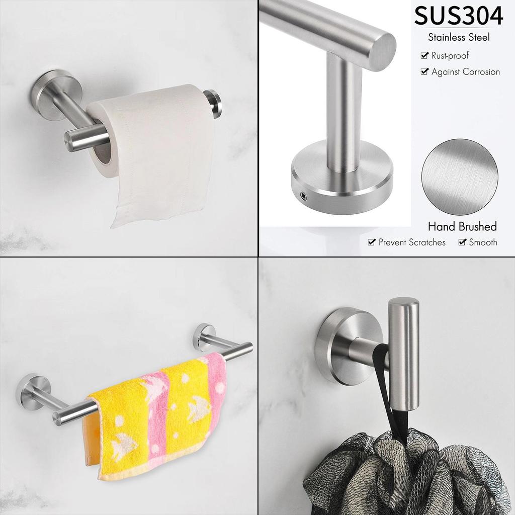 Brushed Bathroom Accessories Kit Towel Rack Hooks Holder Heavy Duty -Piece Modern Style for