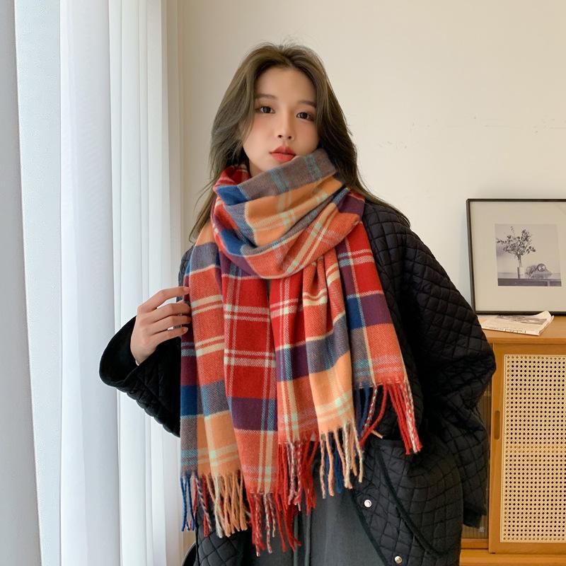 Scarf women's new imitation cashmere classic versatile plaid shawl winter thickened warm student scarf