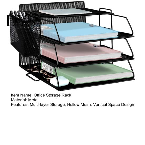 Metal Mesh Organizer 4-Tier Office Storage Rack with Pen Holder Desk Organization Desktop File Stand Manager Accessories Clutter