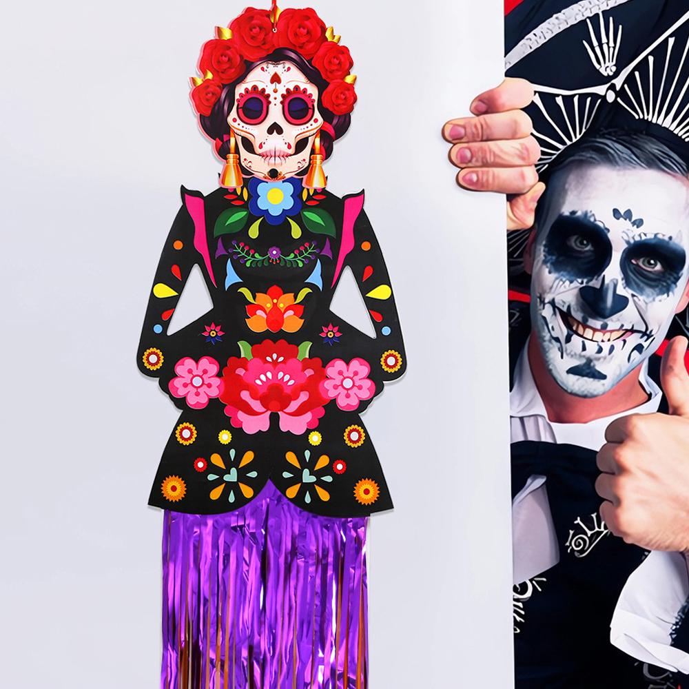 Tag der Toten Skelettmann Quastenanhänger Halloween Deko Türhänger Bemalter Schädel für Zuhause Hof Terrasse Hängeflagge