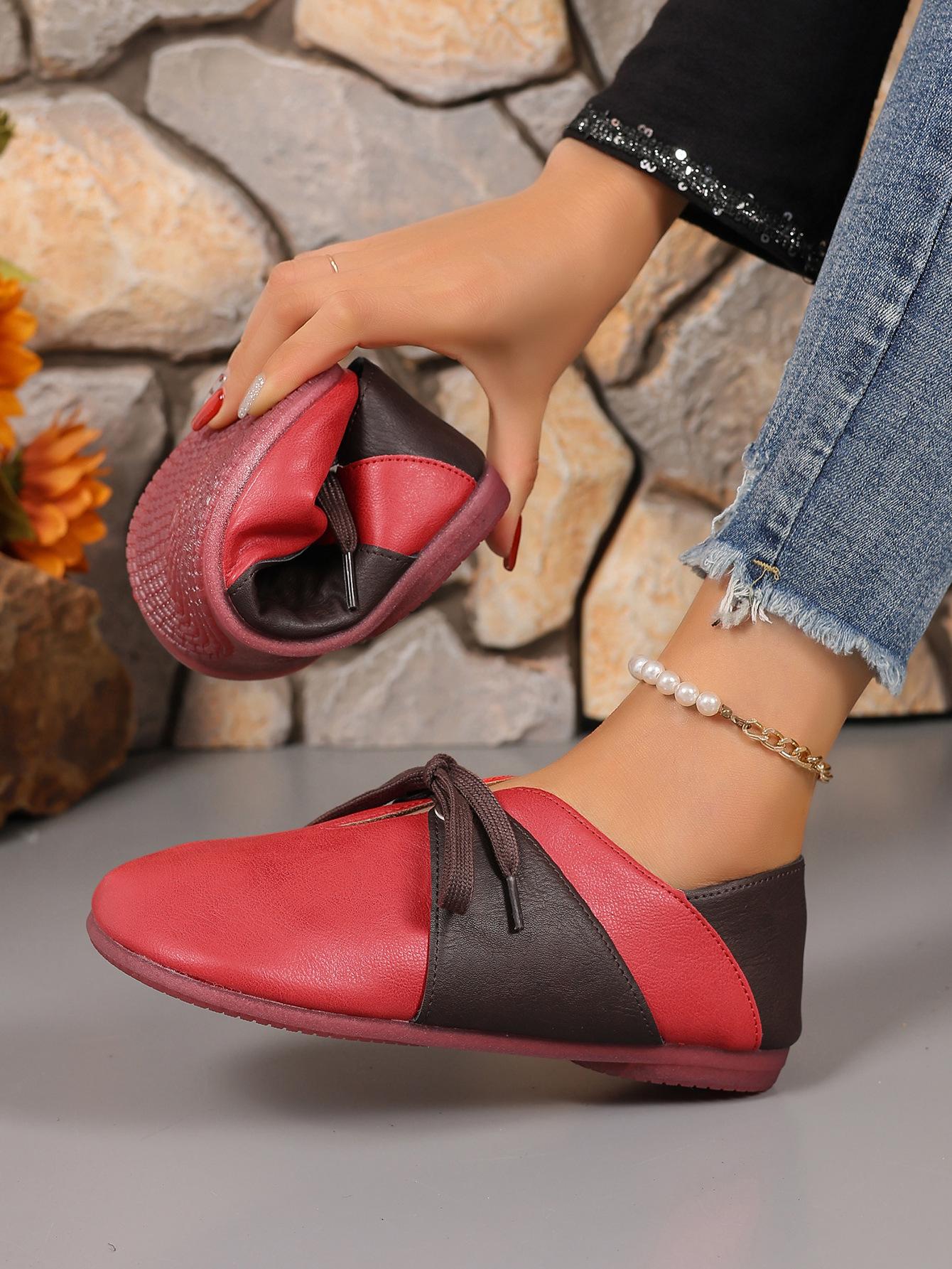 

Большие размеры весна и осень новые ретро цвета в тон с плоской подошвой на шнуровке повседневные одинарные туфли импортная торговля женская обувь производитель 38 красный