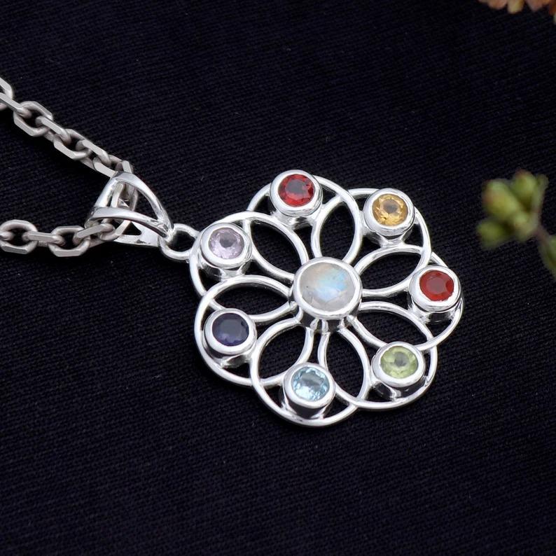 

Solid 925 Sterling Silver Chakra Gemstone Handmade Boho Necklace Jewelry 20 inch