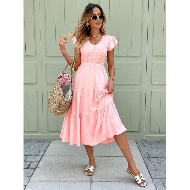 

Sweet Pink Skirt European American Summer New V Neck Silm Tight Waist Mid Length Long Length Ruffles Flying Sleeves Dress 131301 Pink Chart S