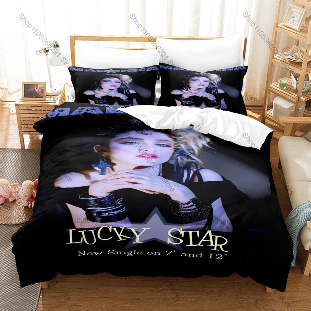 Madonna Duvet Cover + 2 Pillowcases, Queen of Pop Music Icon Print Bedding Set Soft Fabric Home Decor for Music Fans