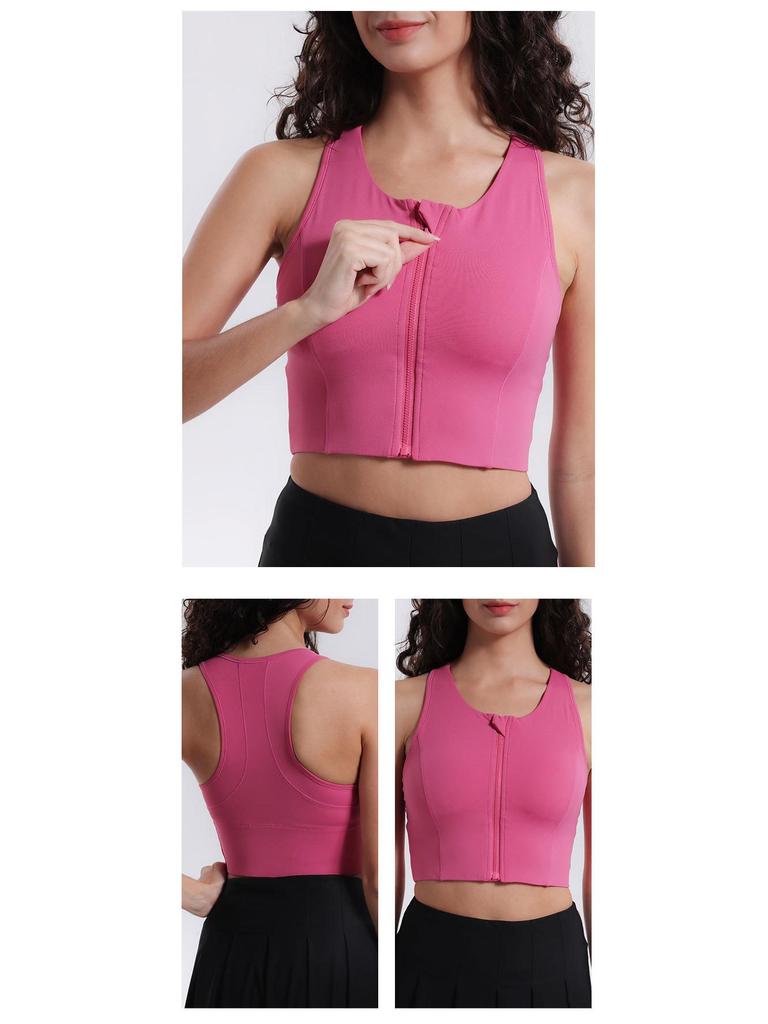 High-Impact Lycra Sports Bra with Front Zipper and Fixed Cups