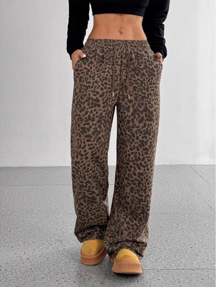 Women's Leopard Print Wide-Leg Casual Pants - Loose, Versatile, Long