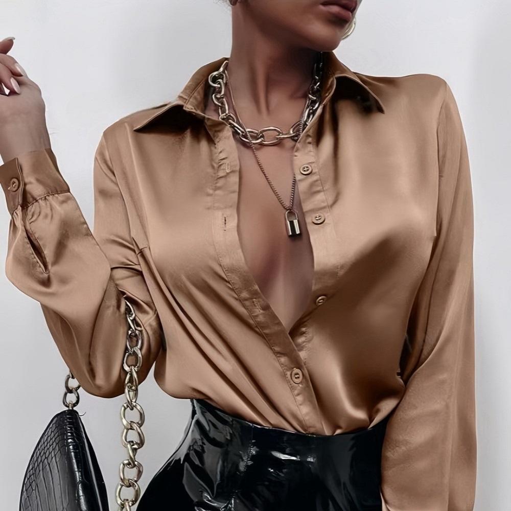 Damskie bluzki i koszule wiosenno-letnie Eleganckie satynowe sztuczny jedwab z długim rękawem Casualowe koszule Top Jednorzędowe podstawowe topy