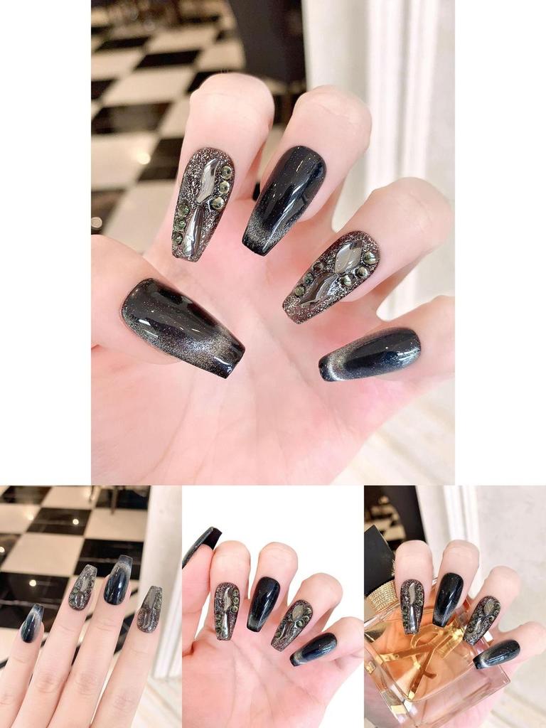 Trendy Black Cat Eye Manicure Stickers Sparkling Gems And Handcrafted Design