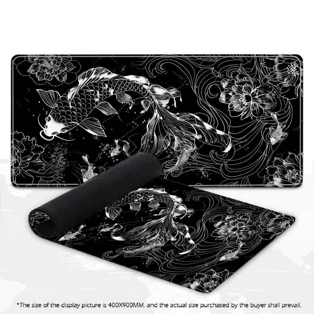 Large Gaming Mouse Pad Black and White Koi Fish Peony Chinese Art Non-Slip Keyboard Desk Mat for PC Gamer Extended Mousepad