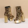 Übergröße Paillettenstoff Patchwork Lackleder Hohe Dicke Absätze Mode Laufsteg Kurze Stiefel Plateau Reißverschluss Bling Stiefeletten