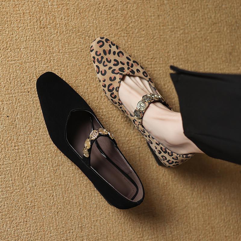 Fashion 2025 New Spring Mary Jane Shoes Genuine Leather Shoes for Women Fashion Leopard Print Square Toe Shallow Women Pumps Low Heels