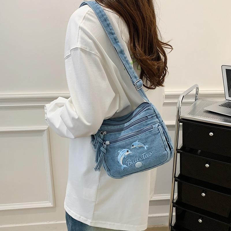 Vintage Denimtasche Damen Mehrschichtig Kleine Tasche Bestickt Schulter Crossbody-Tasche