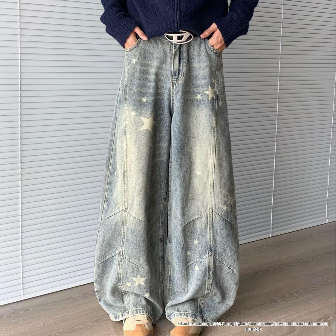 

2025 Autumn Retro Star Print Women s Wide-Leg Jeans L синій