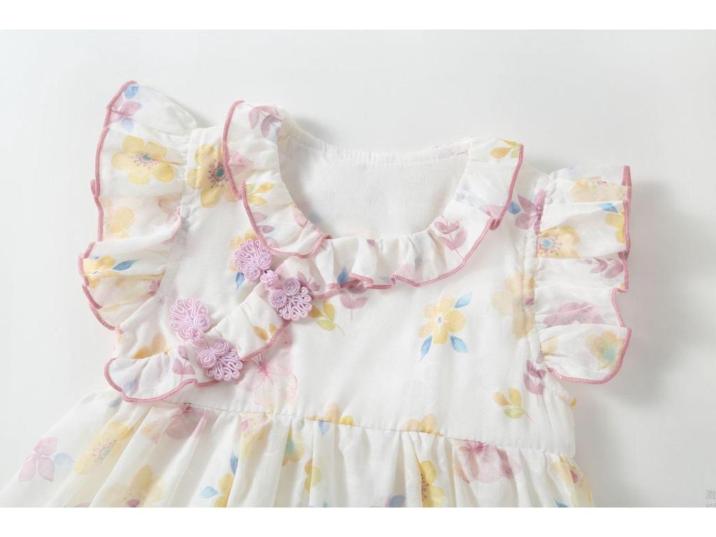 Baby Girl Floral Hanfu Jumpsuit Cheongsam Romper - Short Sleeve Snap Crotch